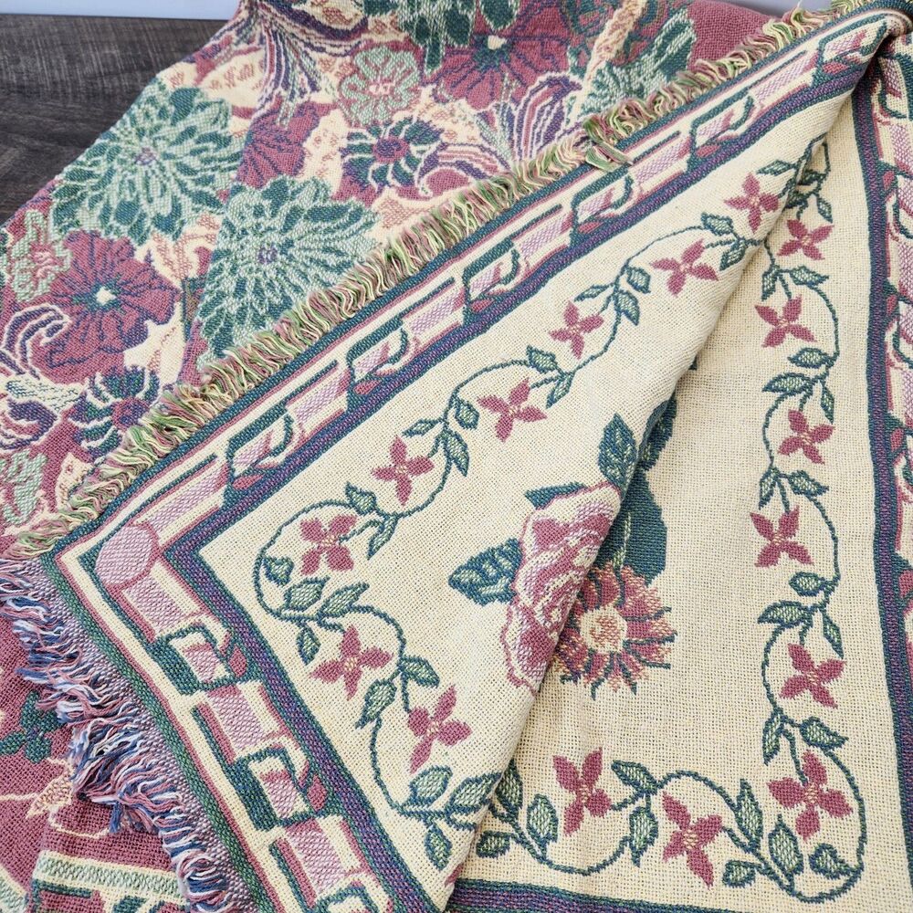 VTG 1992 MWW Floral Reversible Tapestry Blanket 46”x 68” Cottagecore NEW